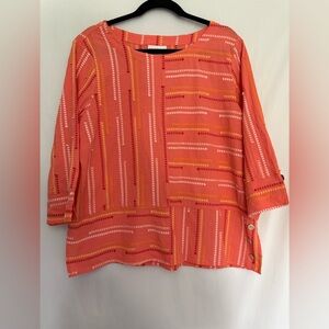 Alfred Dunner Coral Striped 3/4 Sleeve Button Side Blouse Top Women's Medium